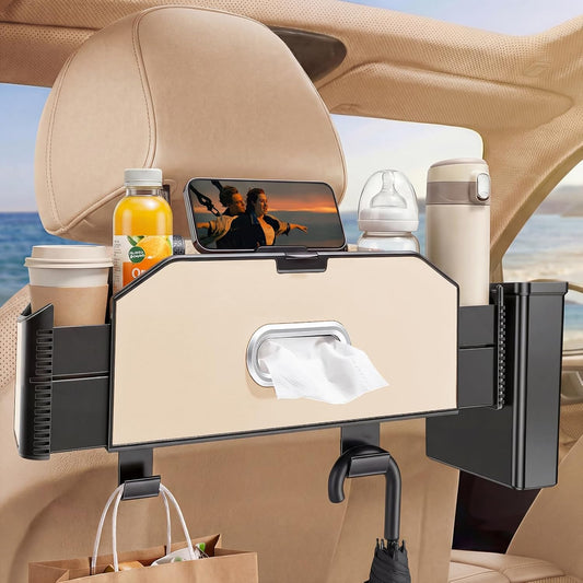 5-in-1 Back Seat Car Organizer and Storage with Extendable Cup Holder, Tissue Holder, Phone Holder, Hanging Hooks, Trash Bin, Back of Seat Car Headrest Organization Accessories for Women Man