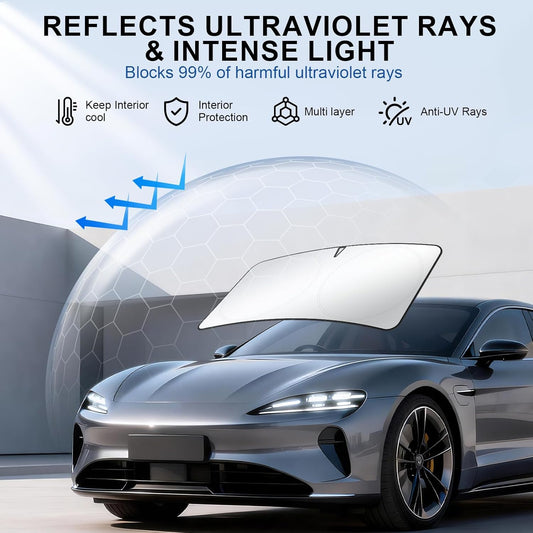 JUSTTOP 300T Car Windshield Sun Shade, Universal Foldable Reflective Sun Shade with Storage Bag, Car Interior Accessories, Fit for Cars Trucks SUVs(63" L x 35" W)