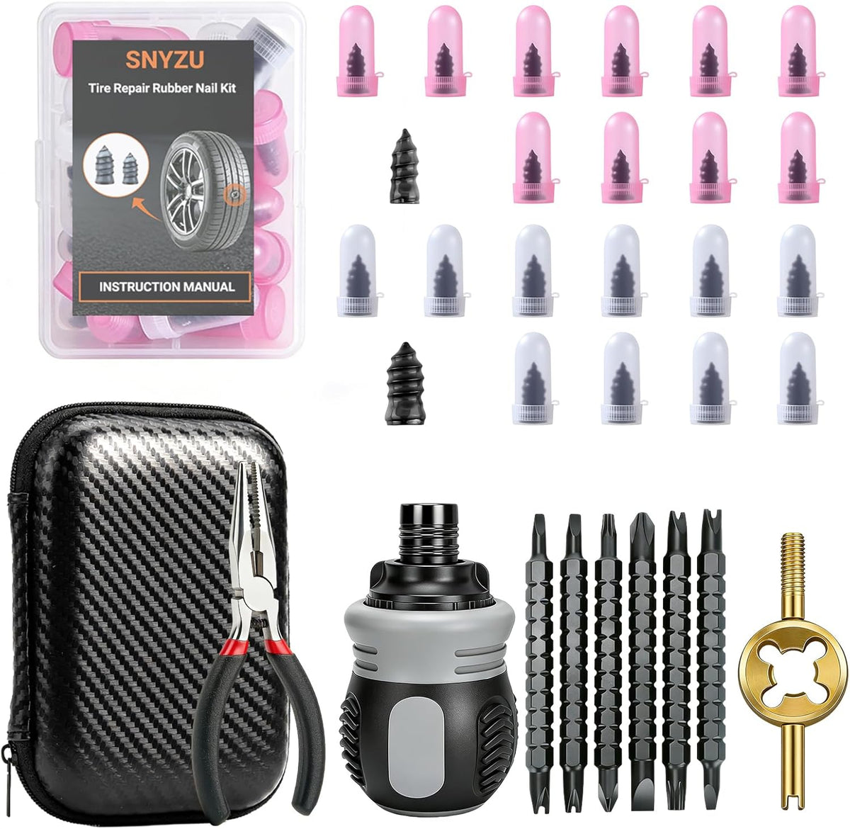 Tire Repair Rubber Nail Kit, Premium Spiral Screw-in Tire Plugs with 2 Sizes, Emergency Roadside Flat Tire Fix Tool for Car Truck Motorcycle Tractor ATV SUV - Fast Self Service Repair, 61 PCS