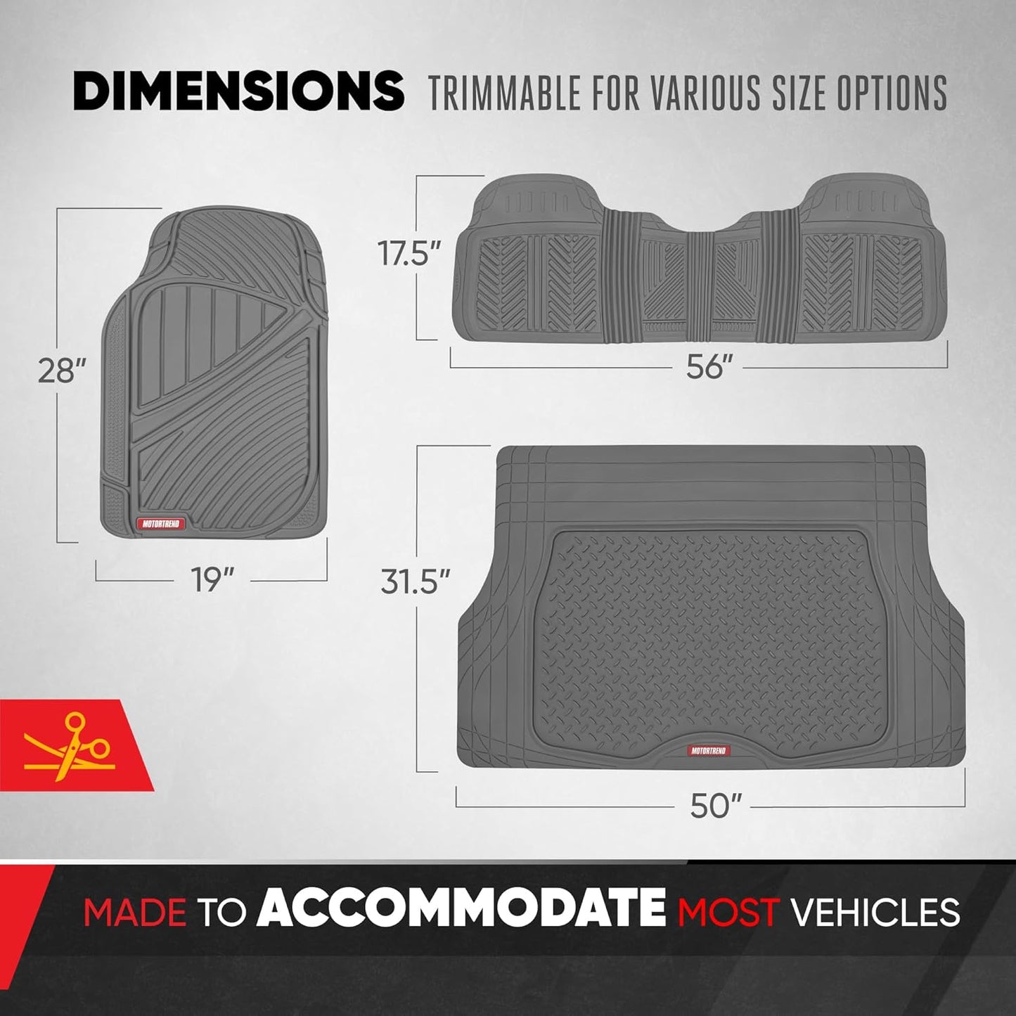Motor Trend FlexTough Performance All Weather Rubber Car Mats with Cargo Liner - Full Set Front & Rear Floor Mats for Cars Truck SUV, Automotive Floor Mats (Black)