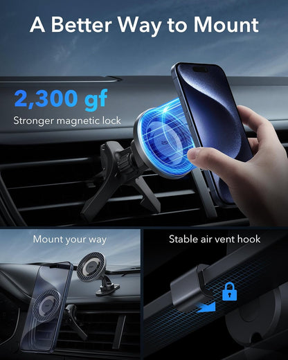 ESR for MagSafe Car Mount, Magnetic Phone Holder for Car Air Vent, Car Phone Holder Mount for iPhone 17e/17/16/16e/15/14/13/12/Samsung, All Smartphones(2 Metal Rings Included),Charging Not Supported