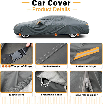GUNHYI 16 Layers Car Cover Waterproof All Weather, Heavy Duty Outdoor Car Cover Universal Fit Sedan Toyota Camry, Tesla Model 3, Honda Accord, Nissan Altima, Kia K5/Stinger, Hyundai Sonata etc.