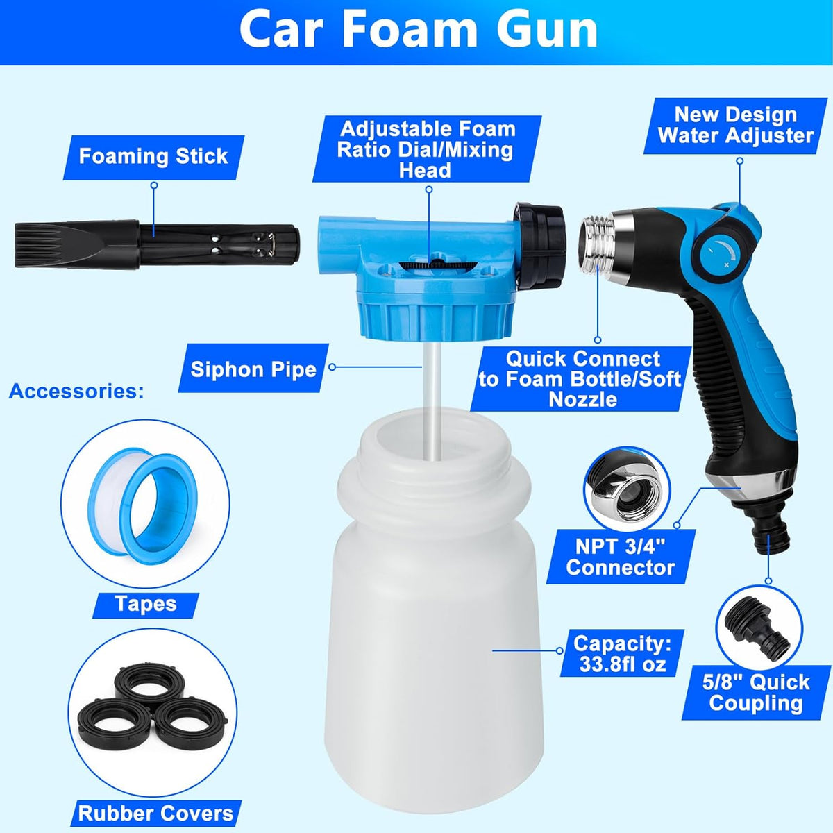 THINKWORK Car Wash Kit, Car Detailing Kit with Foam Gun, Car Wash Brush Mop and Large Folding Bucket Suitable for Car Cleaning, Blue Car Wash Set Gift for Men and Women