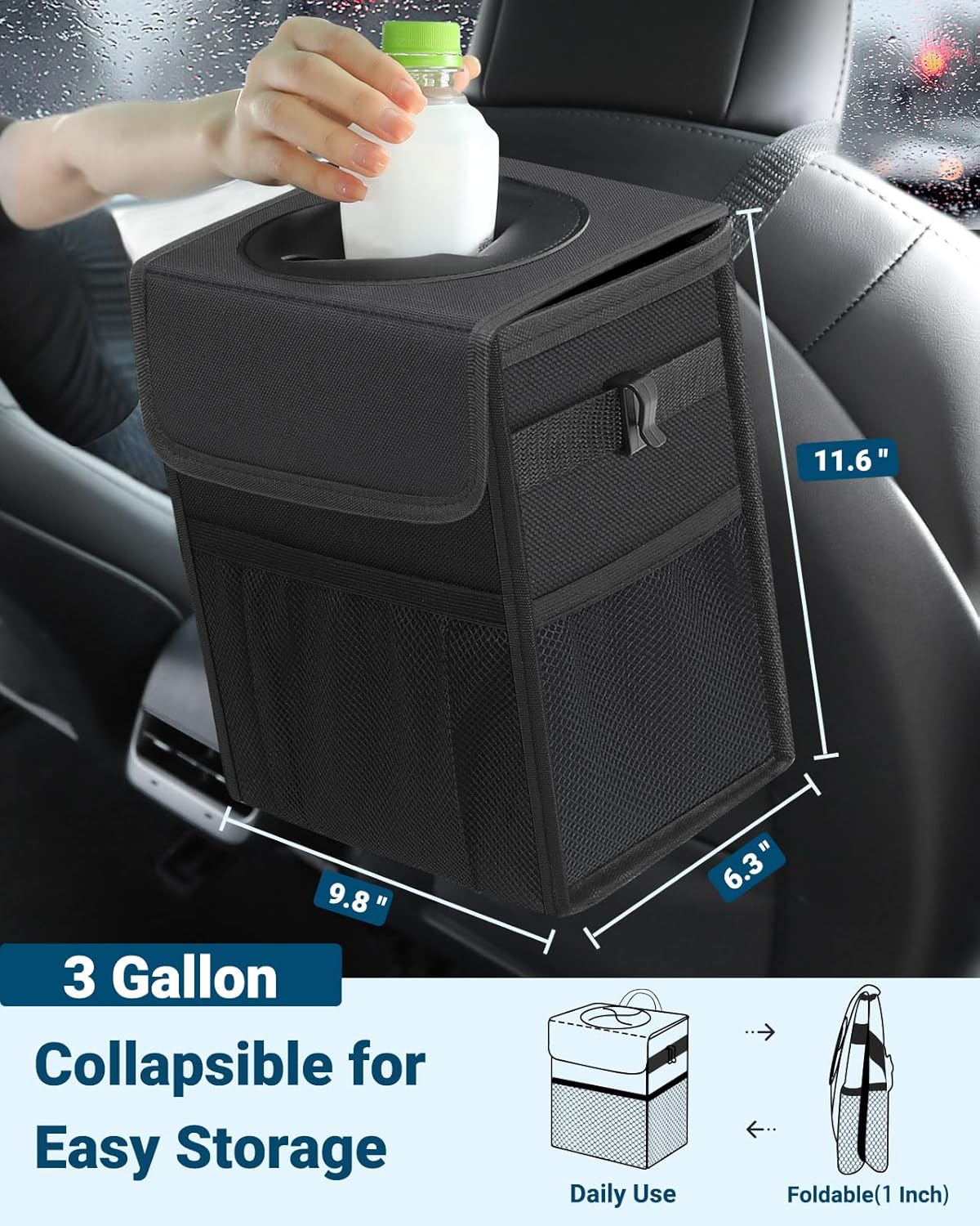 Capolo Car Trash Can with Lid, Leakproof Car Trash Bag Hanging Waterproof Automotive Garbage Can with Storage Pockets Mini Vehicle Trash Bin for Back/Front Seat(Black,2.5 Gallon)