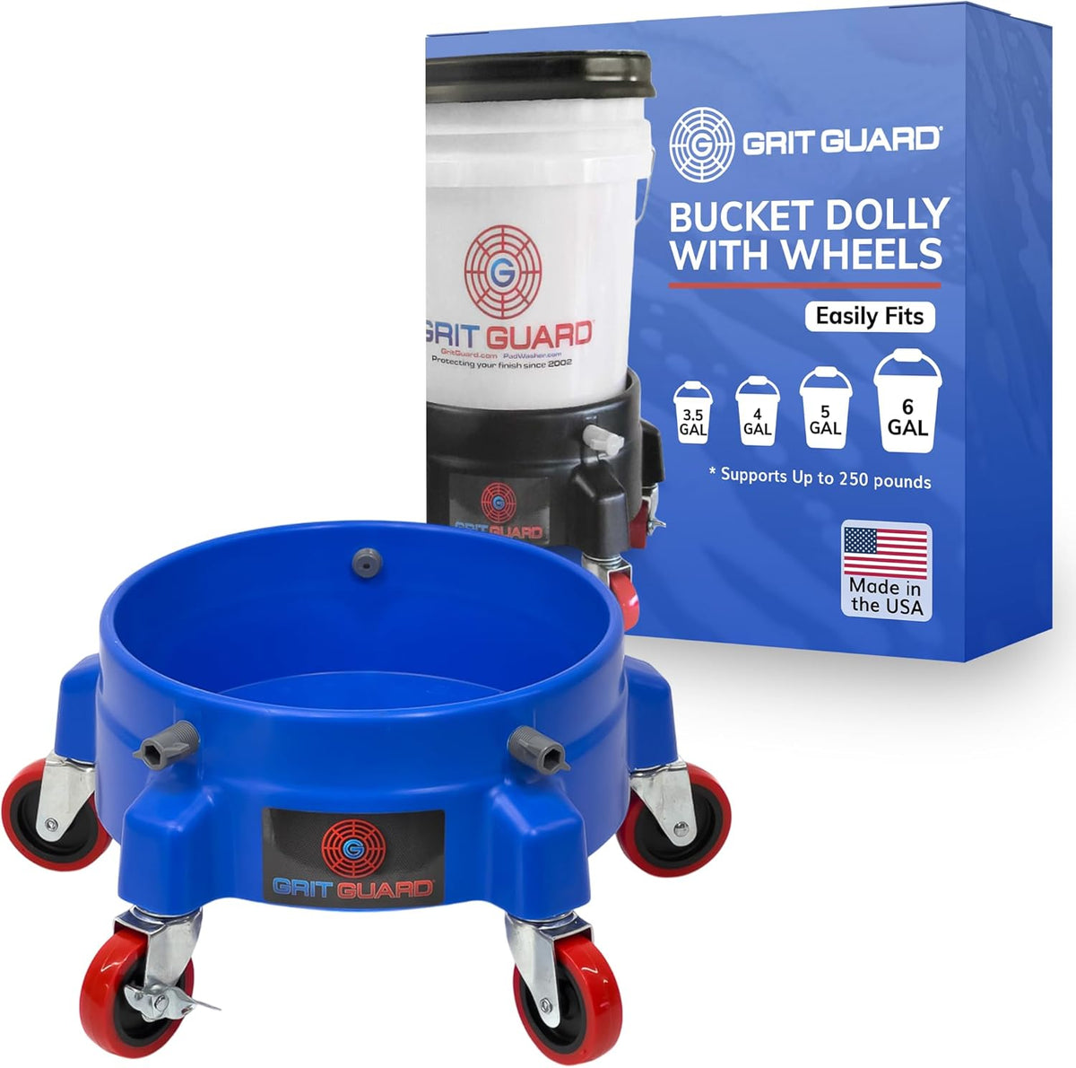 GRIT GUARD Bucket Dolly with Wheels - Rolling Detailing Wash Bucket with 5 Wheels and 2 Locking Casters Compatible with 2.5, 4, 5 and 6 Gallon Buckets (Black, 2" Red Casters) - Made in the USA