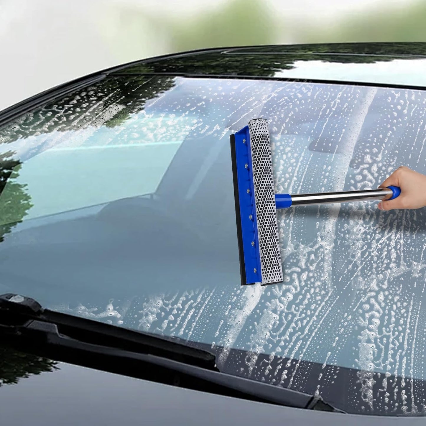 2-in-1 Car Windshield Squeegee and Sponge Scrubber for Cleaning and Washing, Rubber Blade Cleaner with Handle, Retractable car Wipers Suitable for All Vehicles, Blue