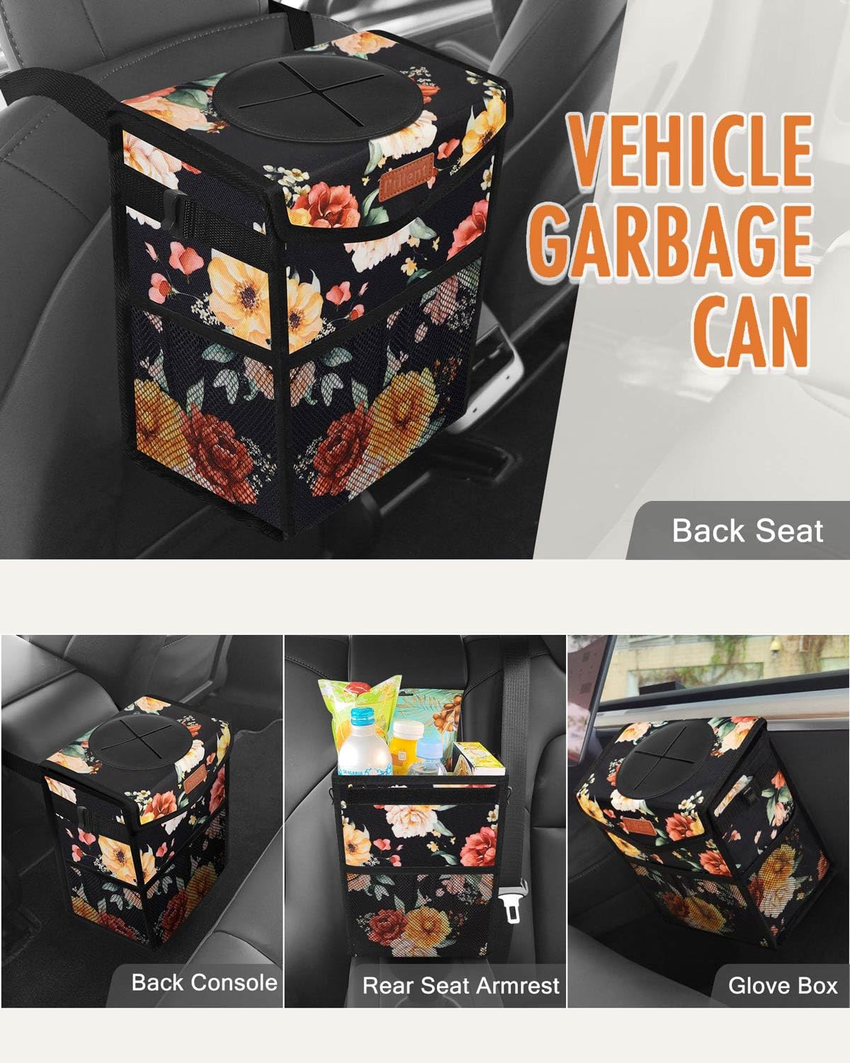 Pritent Car Trash Can with Lid, Cute Leakproof Car Trash Garbage Bag Hanging Vehicle Trash Bin Small Portable Automotive Garbage Cans Organizer for Back/Front Seat/Console(Trapezoid,Black)