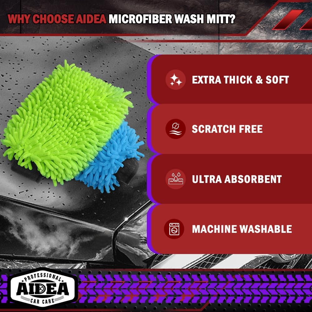AIDEA Car Wash Mitt Microfiber, 1PK-Scratch-Free& Lint-Free, Premium Chenille Microfiber Mitt Car Wash Brush-Green Regular Size (7.12''X10.14'')