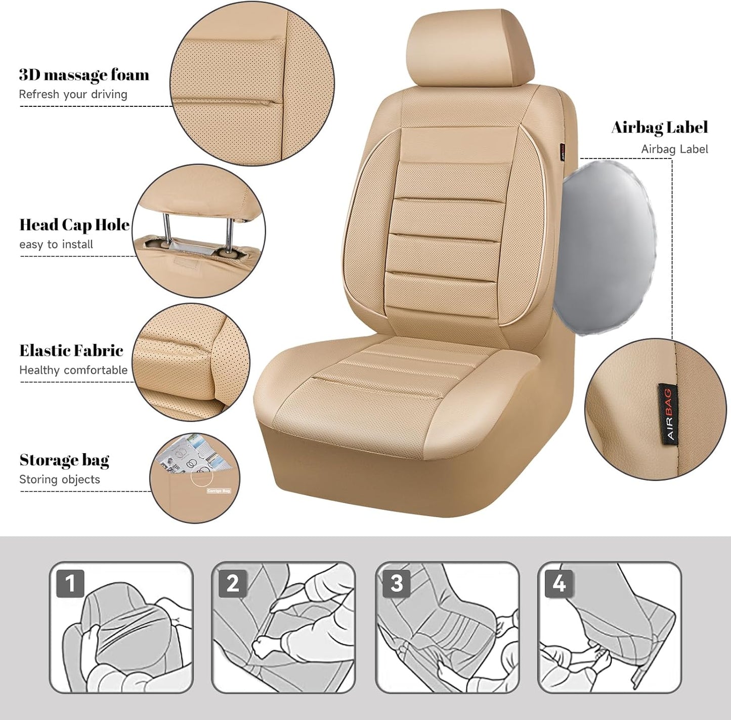 CAR PASS Leather Seat Covers Full Set Universal Water Resistant 3D Foam Back Support, Luxury Comfort Automotive 5 Seat Covers All Season Fit for SUV,Sedan,Van, Airbag Compatible Elegance(Pure Black)