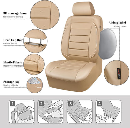 CAR PASS Leather Seat Covers Full Set Universal Water Resistant 3D Foam Back Support, Luxury Comfort Automotive 5 Seat Covers All Season Fit for SUV,Sedan,Van, Airbag Compatible Elegance(Pure Black)