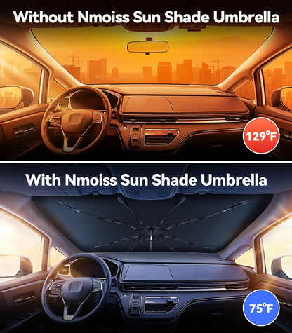 [Upgraded] Nmoiss Windshield Sun Shade Umbrella - [Vinyl Coating Heat Shield] Protect Car from Sun Rays & Heat Damage Keep Cool and Protect Interior, Spring Structure Edge Medium 56" L x 31" W
