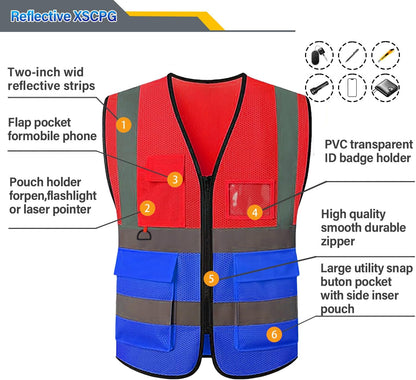 Reflective Mesh Safety Vest, Breathable Hi Vis Vest Construction Work with 5 Pockets and Zipper for Men Women