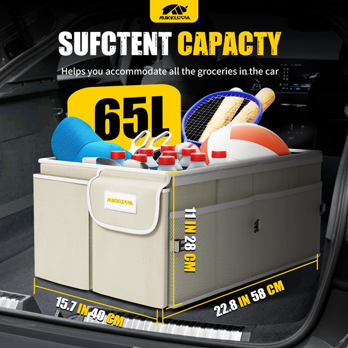 MIKKUPPA Car Trunk Organizer - 65L Collapsible Trunk Organizer with Lid, Sturdy Car Storage for SUV Auto Truck Van with Adjustable Straps and Non Slip Bottom (Black)