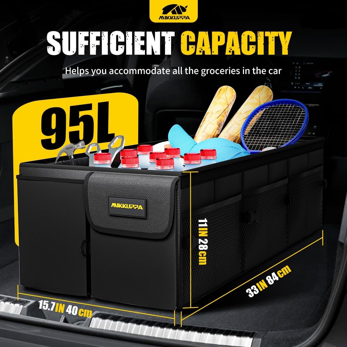 MIKKUPPA Car Trunk Organizer - 65L Collapsible Trunk Organizer with Lid, Sturdy Car Storage for SUV Auto Truck Van with Adjustable Straps and Non Slip Bottom (Black)