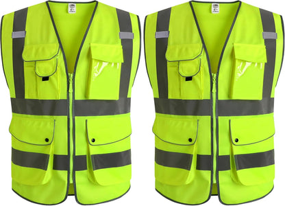 JKSafety 9 Pockets Class 2 High Visibility Zipper Front Safety Vest With Reflective Strips,Meets ANSI/ISEA Standard (Large, 150-Yellow) - Colors A
