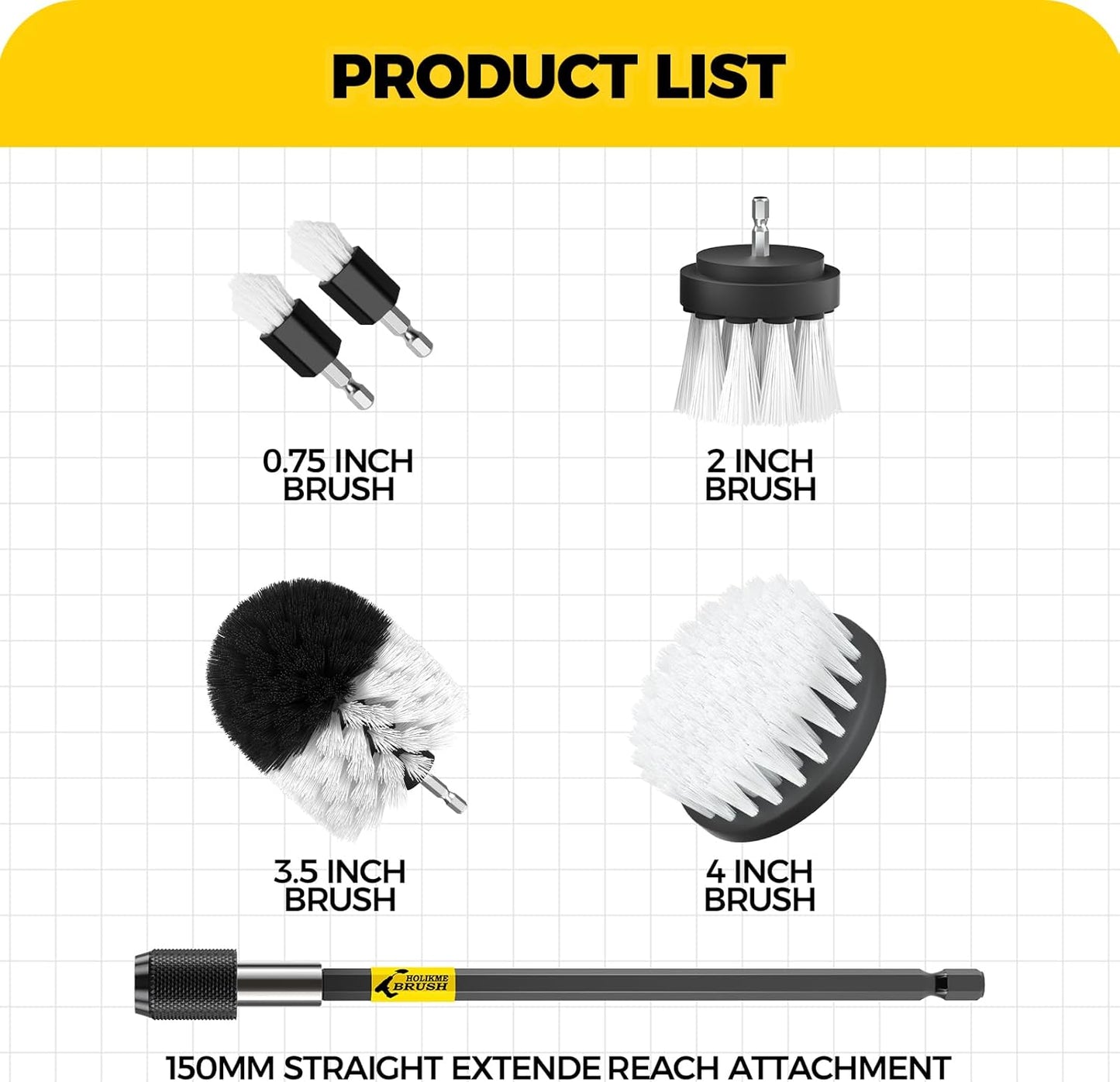 Holikme 6Pack Drill Brush Power Scrubber Cleaning Brush Extended Long Attachment Set All Purpose Drill Scrub Brushes Kit for Grout, Floor, Tub, Bathroom and Kitchen Surface,Scratch Brushes（Yellow）