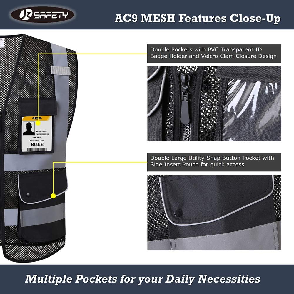 JKSafety 9 Pockets Class 2 High Visibility Zipper Front Safety Vest With Reflective Strips,Meets ANSI/ISEA Standard (Large, 150-Yellow) - Colors B