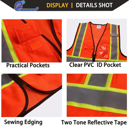 Reflective Mesh Safety Vest for Men Women with 5 Pockets and Zipper Front High Visibility Mesh Vest Hi Vis Construction Work Vest,Meets ANSI/ISEA Standards(EK175-Yellow-L)