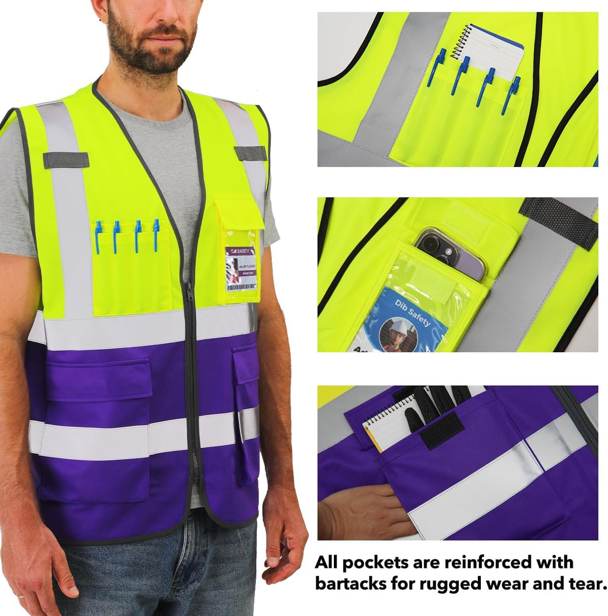 Dib Safety Reflective Safety Vest for Men Women, High Visibility Vest with Pockets and Zipper, ANSI Class 2