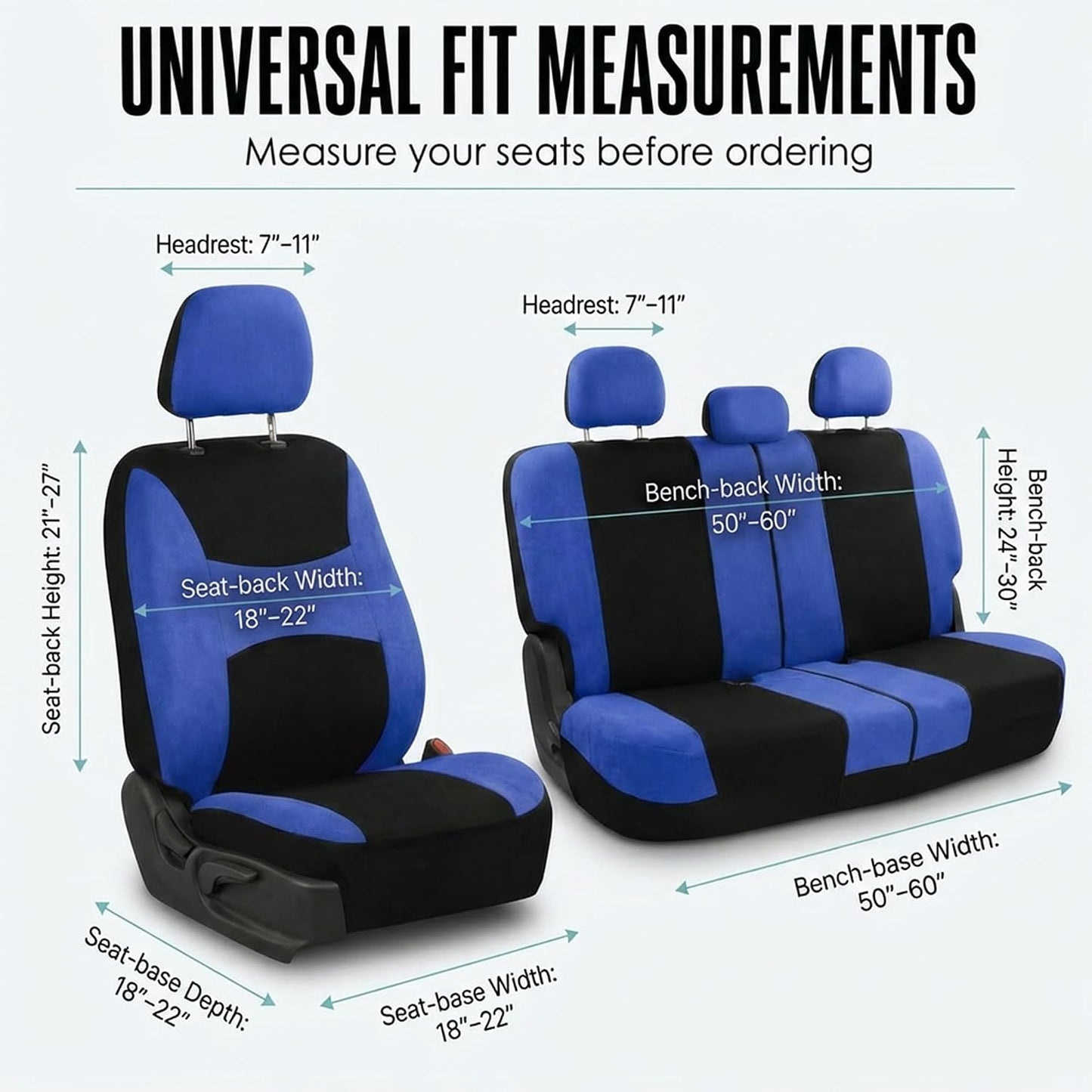 FH Group Full Set Cloth Car Seat Covers, Universal Fit Front and Split Bench Rear, Airbag Compatible, Washable for SUV, Sedan, Van - Black