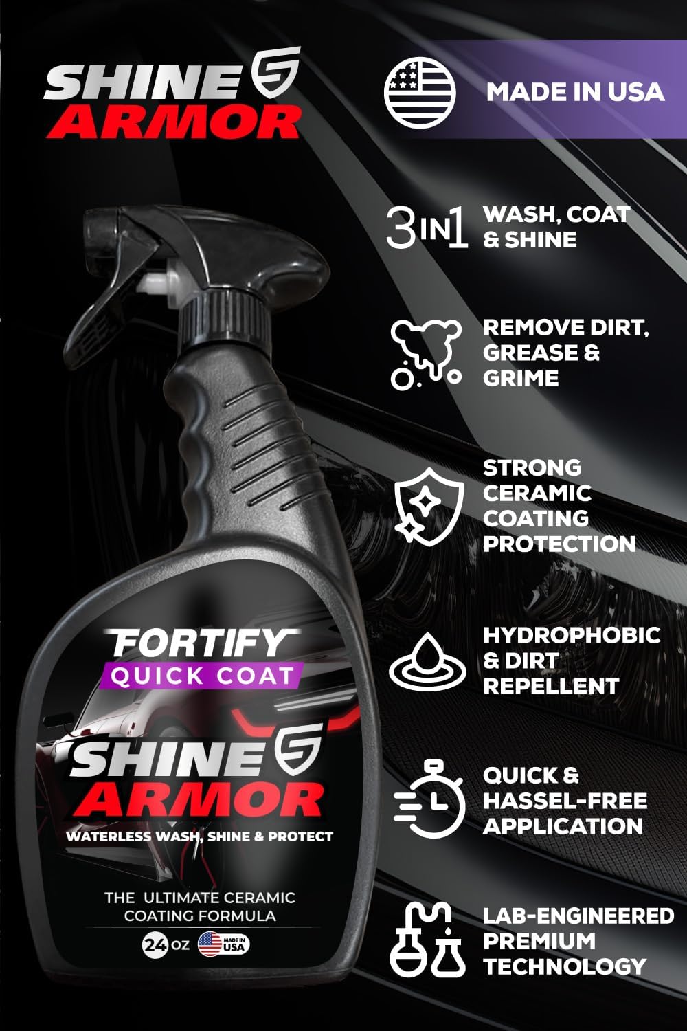 SHINE ARMOR Fortify Quick Coat: 3-in-1 Waterless Car Wash Spray with Ceramic Coating - Car Wax, Paint Protector, and Cleaner for Trucks, Bikes and SUVs, Made in USA, 16floz