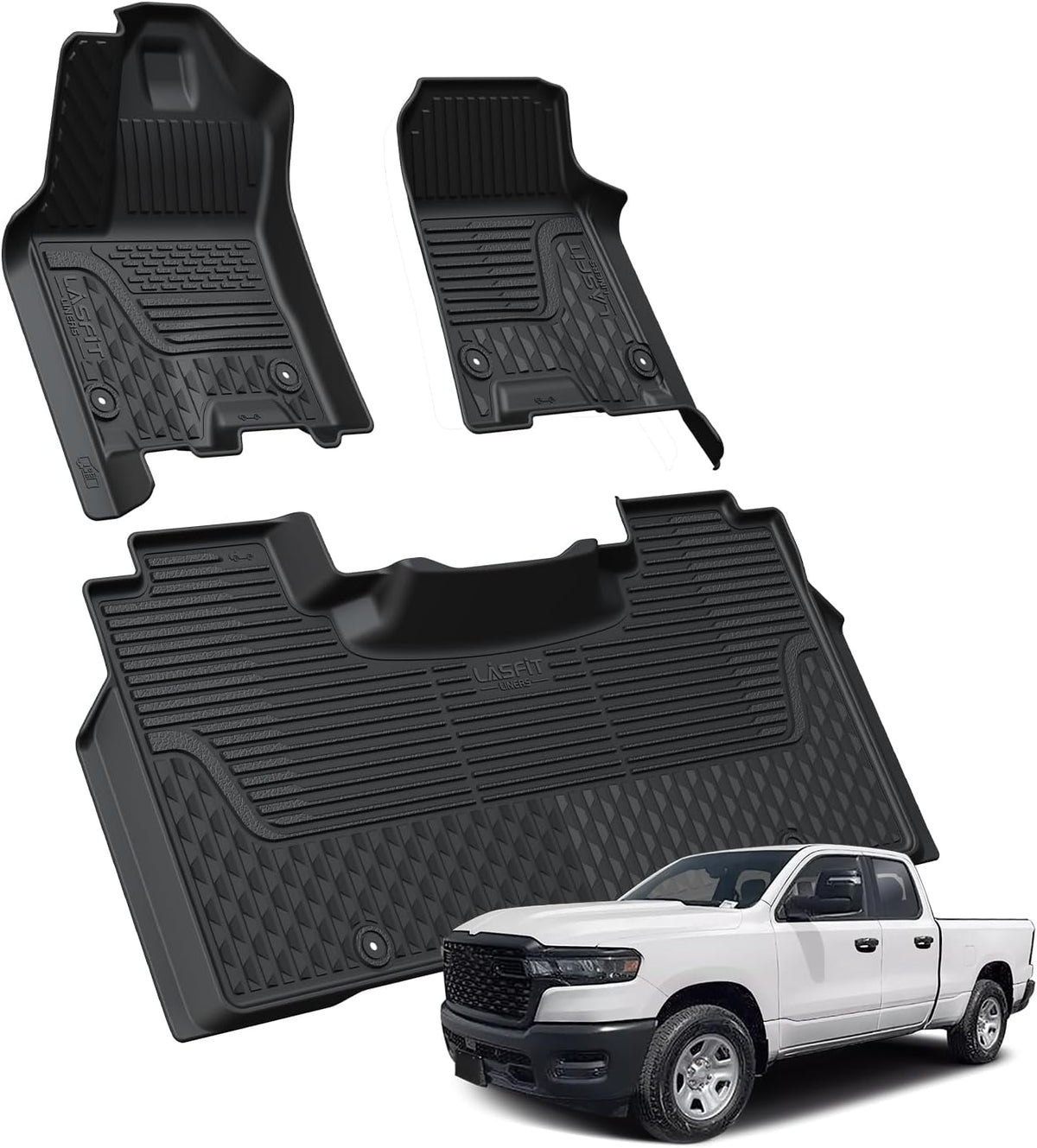 LASFIT Floor Mats for 2019-2025 2026 Ram 2500/3500 Crew Cab Bucket Seat for Carpet & Vinyl Floor (NOT fit Model with PTO Kit), All Weather TPE Custom Fit Car Mats Floor Liners 1st & 2nd Row, Black