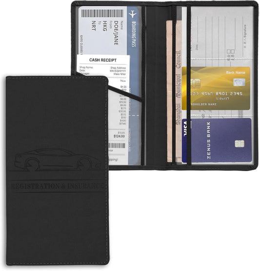 Leather Premium Car Registration & Insurance Card Holder, Vehicle Glove Box Wallet Case, for Documents, Cards, License (Blue)