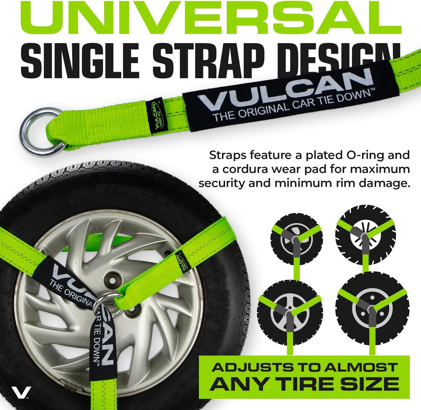 VULCAN Car Tie Down with Flat Hooks - Lasso Style - 2 Inch x 96 Inch - 4 Pack - Silver Series - 3,300 Pound Safe Working Load