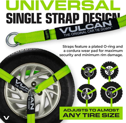 VULCAN Car Tie Down with Flat Hooks - Lasso Style - 2 Inch x 96 Inch - 4 Pack - Silver Series - 3,300 Pound Safe Working Load