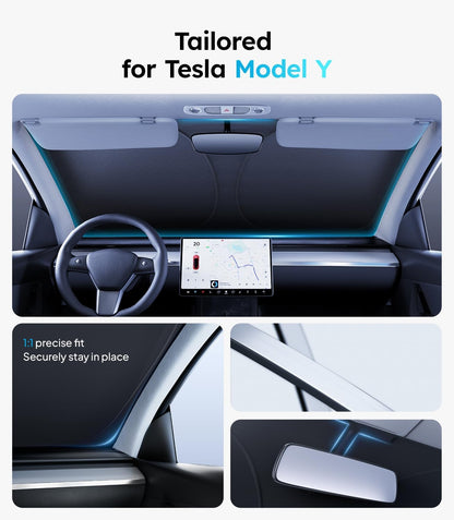 Wigoo Tesla New Model Y Accessories Windshield Sunshade [OEM Design, 100% Sun Blockage] Foldable Heat Insulation Sunshade with Storage Bag, for Model Y 2020~2026 (Juniper), Silver Coating - Colors B