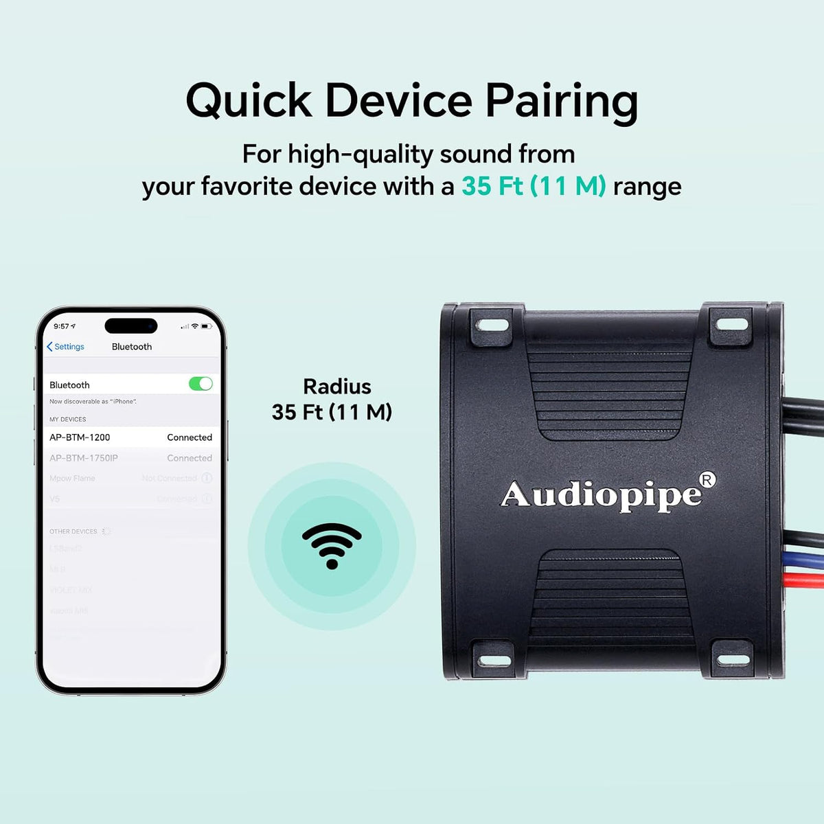 Audiopipe Marine Wireless Music Stream Audio Receiver (AP-BTM-1200), Blutooth 5.0 Adaptor, RCA Stereo Outputs, Perfect for Marine, ATV, UTV, Golf Car, Home Music