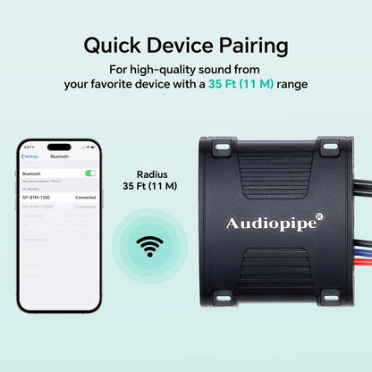 Audiopipe Marine Wireless Music Stream Audio Receiver (AP-BTM-1200), Blutooth 5.0 Adaptor, RCA Stereo Outputs, Perfect for Marine, ATV, UTV, Golf Car, Home Music