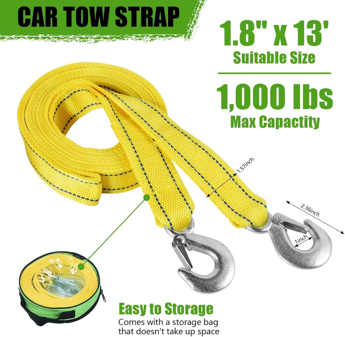 Tow Strap with Hooks Heavy Duty Car Vehicle Emergency Recovery Rope Boat Trailer Winch Strap 13'x1.8 Max 10,000lbs Capacity for Towing Vehicles Jet Ski ATV Pontoon Wave Runner Accessories