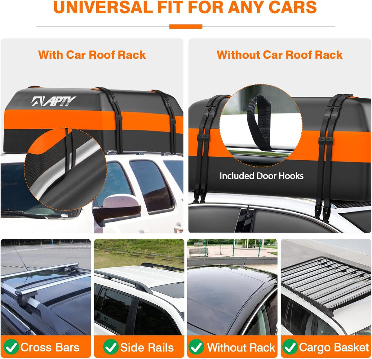 APTY 21 Cubic Feet Car Rooftop Cargo Bag Carrier, Soft Roof Top Luggage Bag for All Vechicles with/Without Racks - with Waterproof Zip, Luggage Lock, Anti-Slip Mat, Storage Bag, Door Hooks, Blue