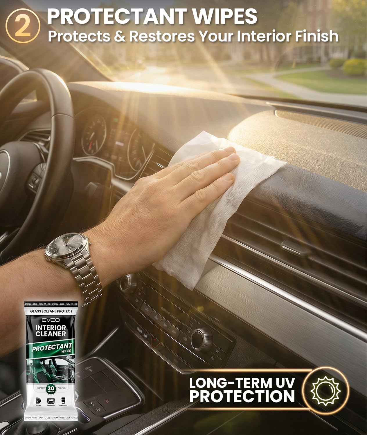 EVEO Car Wipes Interior Cleaning Kit -3-in-1 Car Cleaning Wipes Car Interior Wipes | Interior Car Wipes, Car Cleaning Kit Interior & Exterior - Protectant, Glass and Cleaning All Surfaces (90 Wipes)
