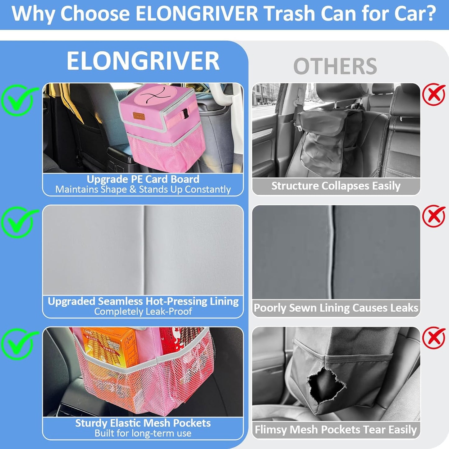ELONGRIVER Car Trash Can Bin for Back Seat Leak Proof, Cute Car Trash Bag Hanging, Vehicle Trash Can for SUV Truck Van, Automotive Garbage Cans Front Seat Black
