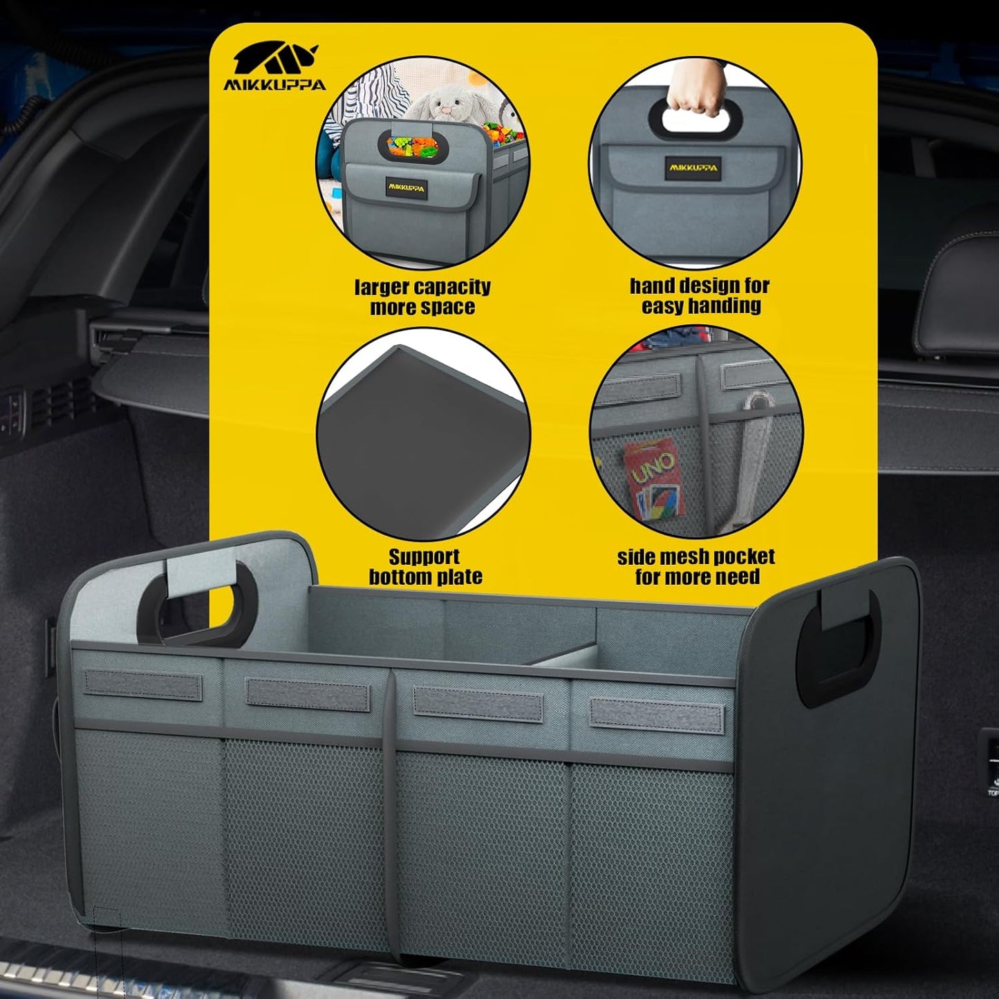 MIKKUPPA Car Trunk Organizer - 70L Collapsible Trunk Organizer for Groceries, Car Storage Organizers for SUV Auto Truck Van with Non Slip Bottom (Black)