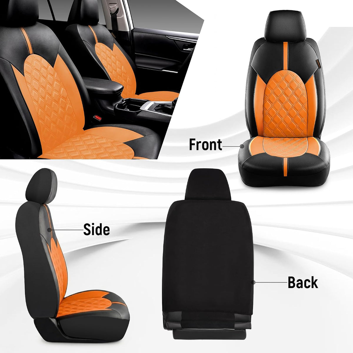 CAROMOP Luxury PU Leather Car Seat Covers Full Set-Waterproof Seat Protectors with Split Bench Seat Covers for Cars-Universal Cars Interior Covers for Sedans, SUVs, Pick-up Trucks(Gray/Gray Line)