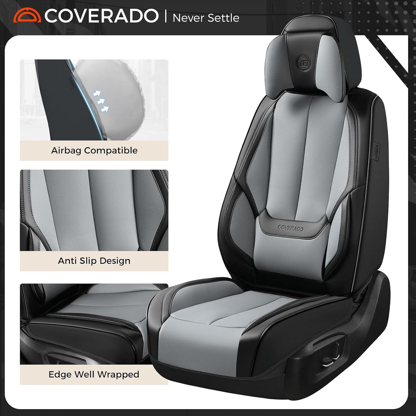 Coverado Seat Covers Full Set, Black Seat Covers for Cars 5 Seats, Car Seat Protector, Waterproof Nappa Leather Car Seat Cushion, Front and Rear Car Seat Cover Fit for Most Sedans SUV Pick-up Truck - Colors B