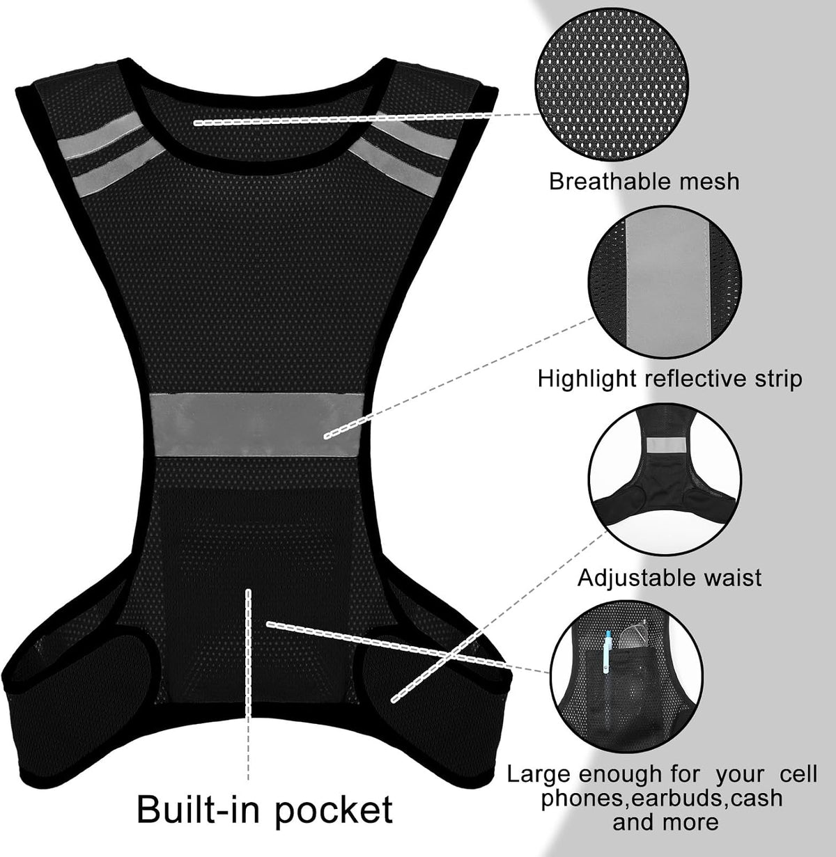 Ptwola Reflective Running Vest High Visibility Running Gear with Large Pocket Night Lightweight Reflective Safety Vest