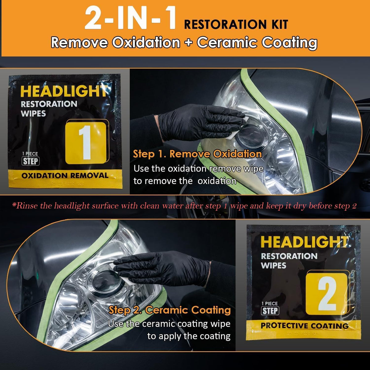Car Headlight Restoration Kit, 2-Step Headlight Cleaner with Oxidation Removal & Ceramic Coating Wipes, Removes Oxide & Yellowing Restore Clarity, Headlight Polish Restorer Kit