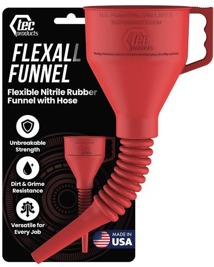 TEC Products FlexAll Long Flexible Funnels - Automotive Oil Funnel with Hose, Durable Nitrile Rubber for Oil Change, Transmission Funnel Fluid, Diesel, Fuel, Gas - Made in USA - Red (16 x 5 Inches)