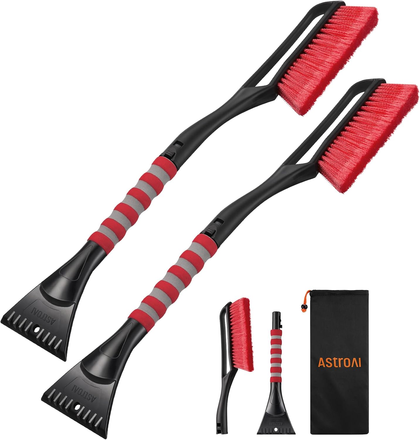 AstroAI 2 Pack 27" Snow Brush and Ice Scrapers for Car Windshield, Detachable Snow Scrapers with Ergonomic Foam Grip for Cars, Trucks, SUVs (Heavy Duty ABS, PVC Brush, Orange)