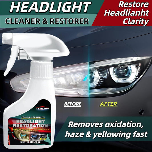 Headlight Restoration Cleaner – Instant Removal of Oxidation, Yellowing & Stains, Restores Cloudy Headlamps to Like New Condition, Portable Spray for All Cars –180ml/6.8oz