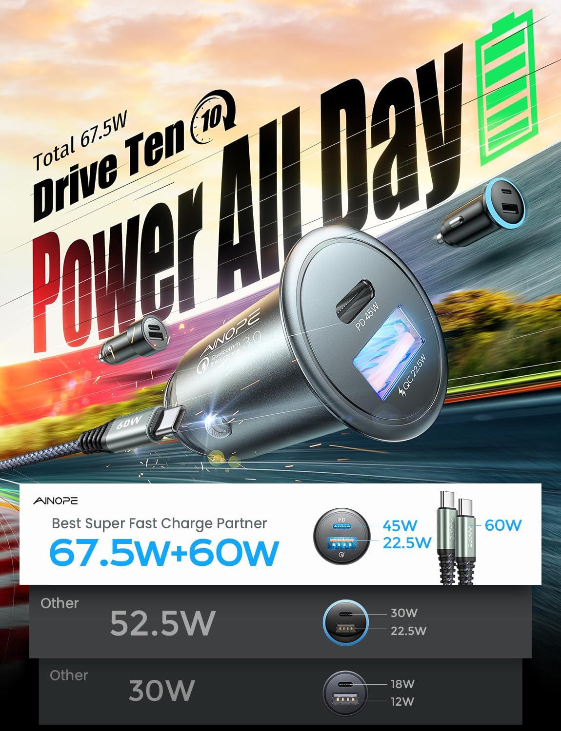AINOPE 67.5W Car Charger USB C Fast Charge, PD 45W USB C Car Charger Fast Charging【Mini & Metal】 Cigarette Lighter Adapter USB-C Type C Car Charger for iPhone 17 16 15 Pro Max, for Samsung S26 S25