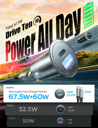AINOPE 67.5W Car Charger USB C Fast Charge, PD 45W USB C Car Charger Fast Charging【Mini & Metal】 Cigarette Lighter Adapter USB-C Type C Car Charger for iPhone 17 16 15 Pro Max, for Samsung S26 S25
