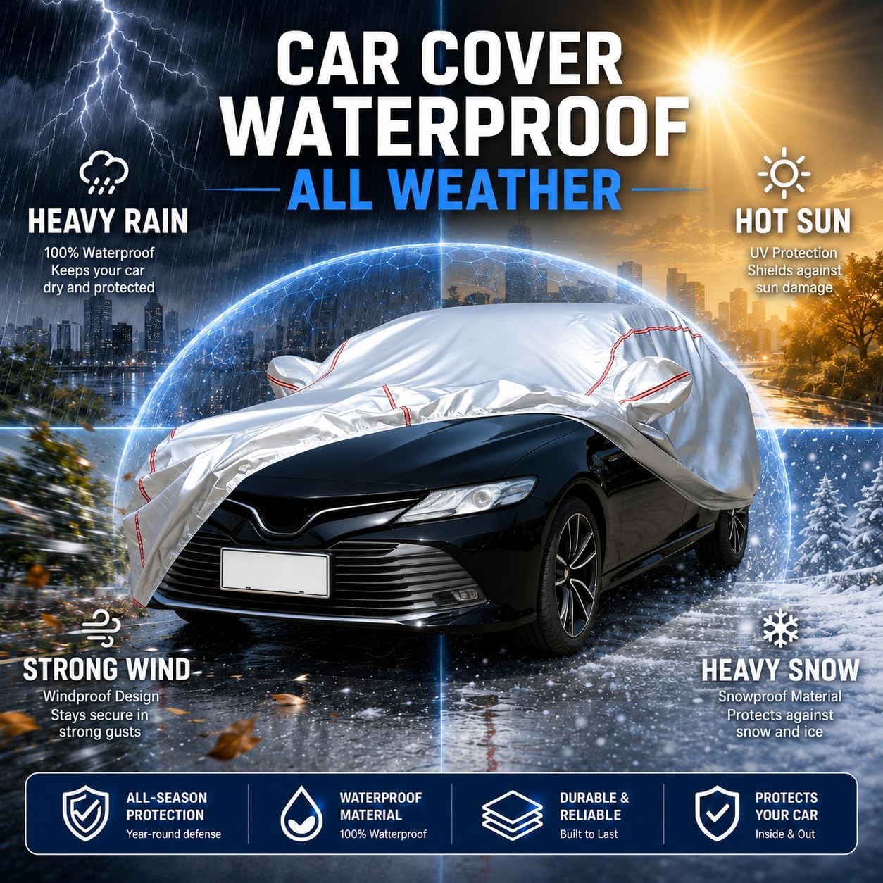 Car Cover for Sedan, Waterproof All Weather Heavy Duty, 360° Underbody Wrap Windproof Design, Quick Install Outdoor Vehicle Cover, Fits 186-193 in