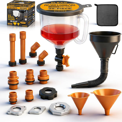 18-Piece No Spill Engine Oil Funnel Kit, 1.59QT/ 1.5L Automotive Coolant Funnel Set, 12 Adapters, Elbow Fitting, Arrow Screen & Magnetic Tray, Compatible with GM, Ford, BMW, Audi, Land Rover Etc