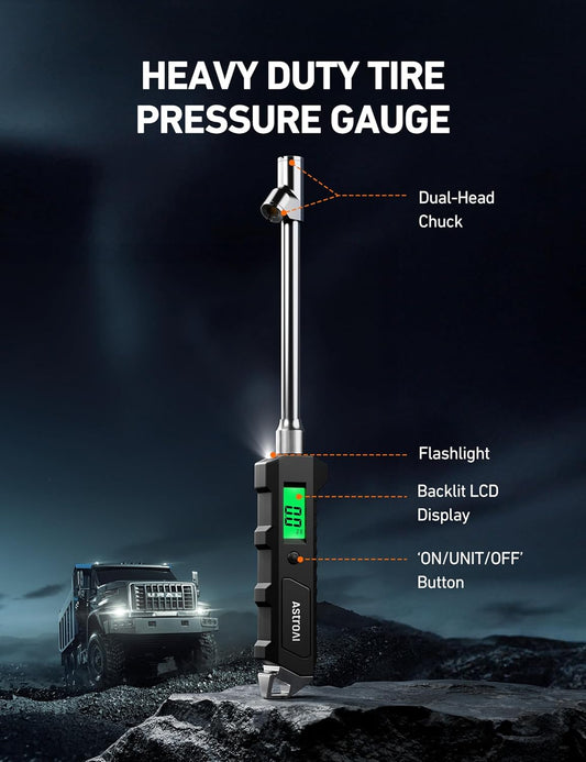 AstroAI Heavy Duty Digital Tire Pressure Gauge 0-230 PSI Calibrated to ANSI B40.7 Grade 2A (0.5%) with Backlit LCD & Flashlight, Stainless Steel for Truck RV Car Motorcycle Bike