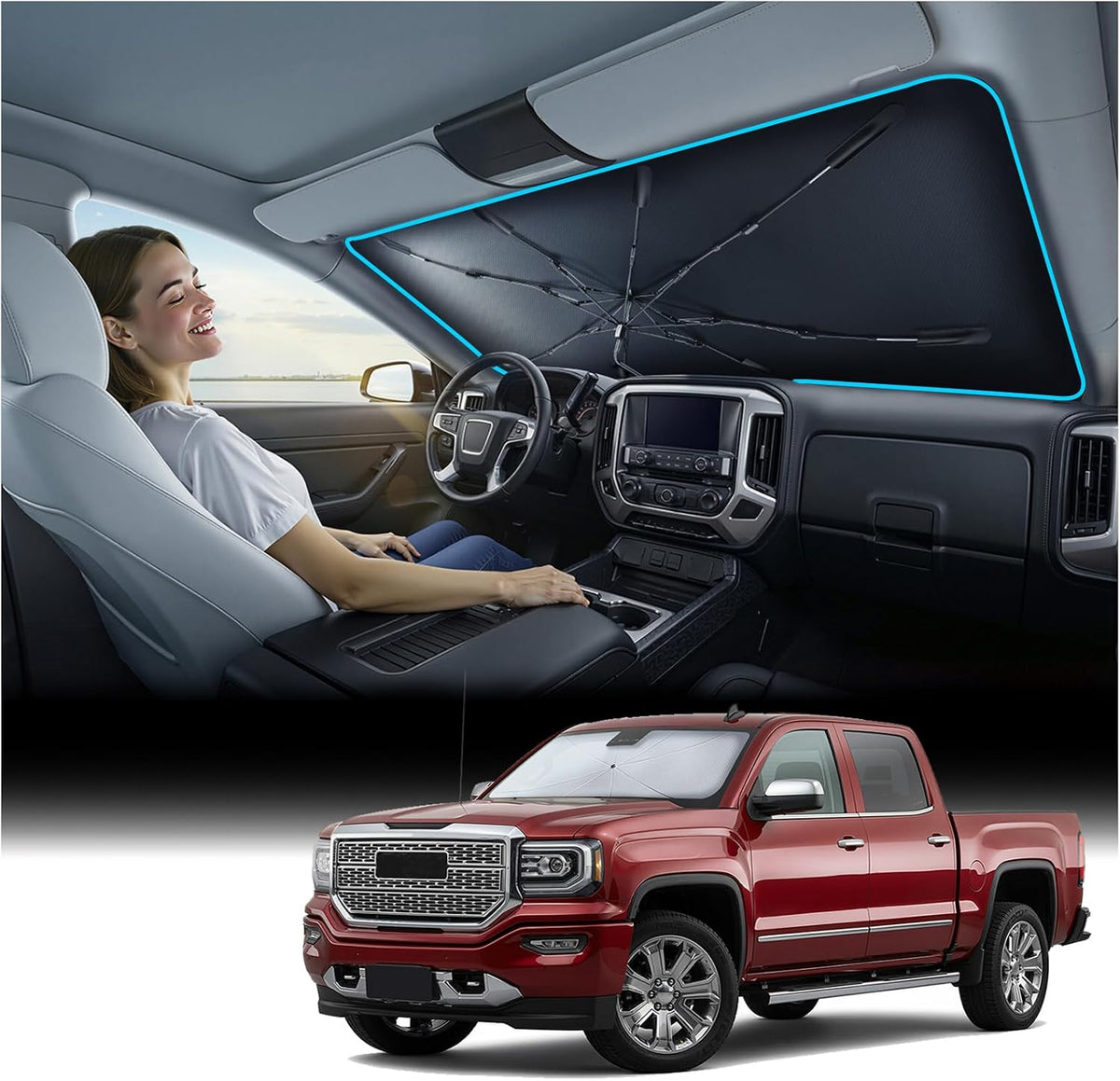 [Upgraded] Nmoiss Windshield Sun Shade Umbrella - [Vinyl Coating Heat Shield] Protect Car from Sun Rays & Heat Damage Keep Cool and Protect Interior, Spring Structure Edge Medium 56" L x 31" W